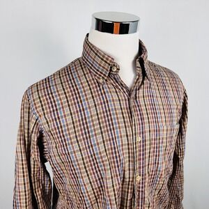 Born Medium Handcrafted Shirt Beige Blue Plaid 100% Cotton Button Down Casual